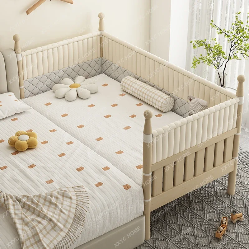 Solid wood children's bed high guardrail baby  princess bedside  widened side small splicing large bed can be lifted and lowered