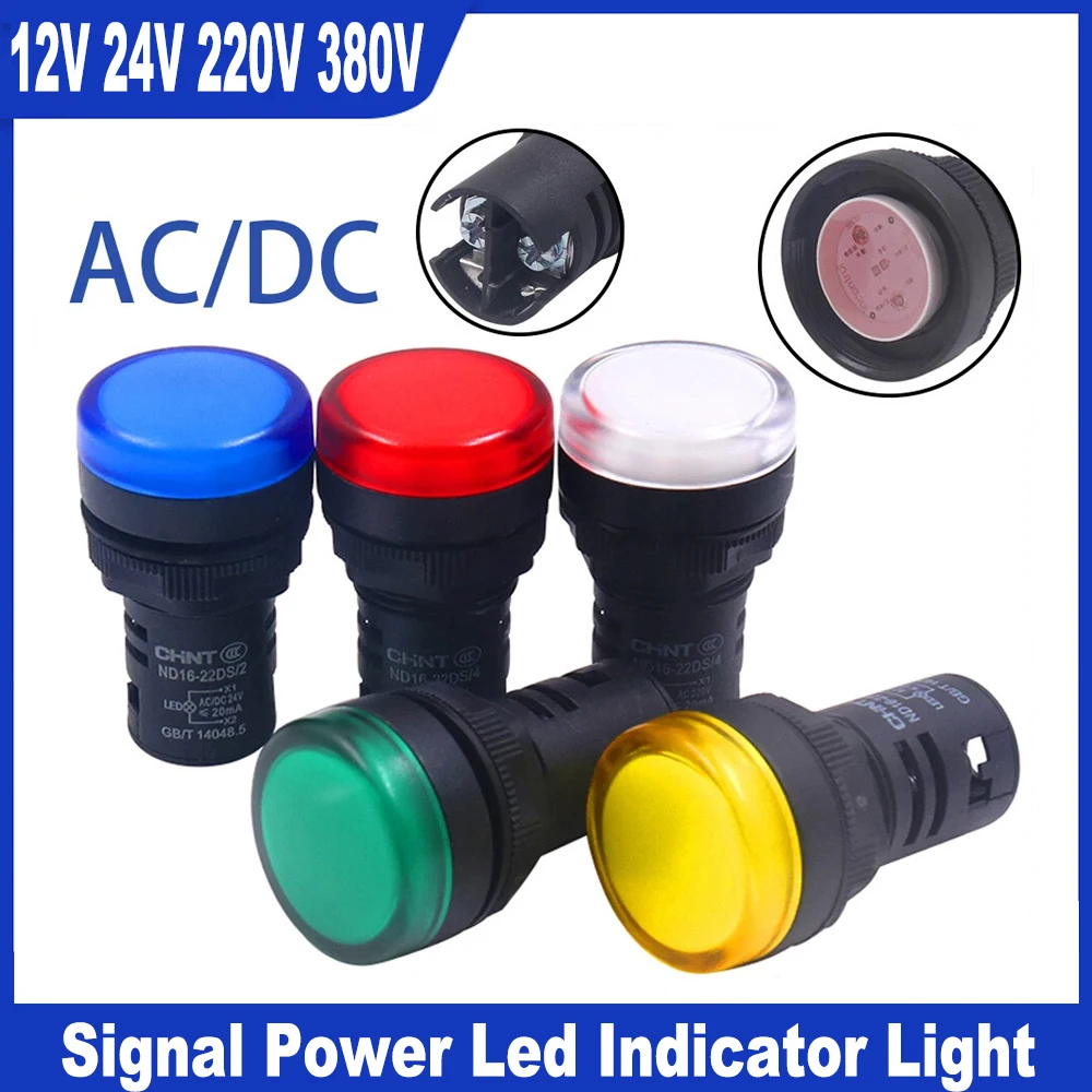 

22mm Panel Mount Signal Power Led Indicator Light Blue Green Red White Yellow Pilot Lamp AC DC 12V 24V 220V/380V ND16-22DS
