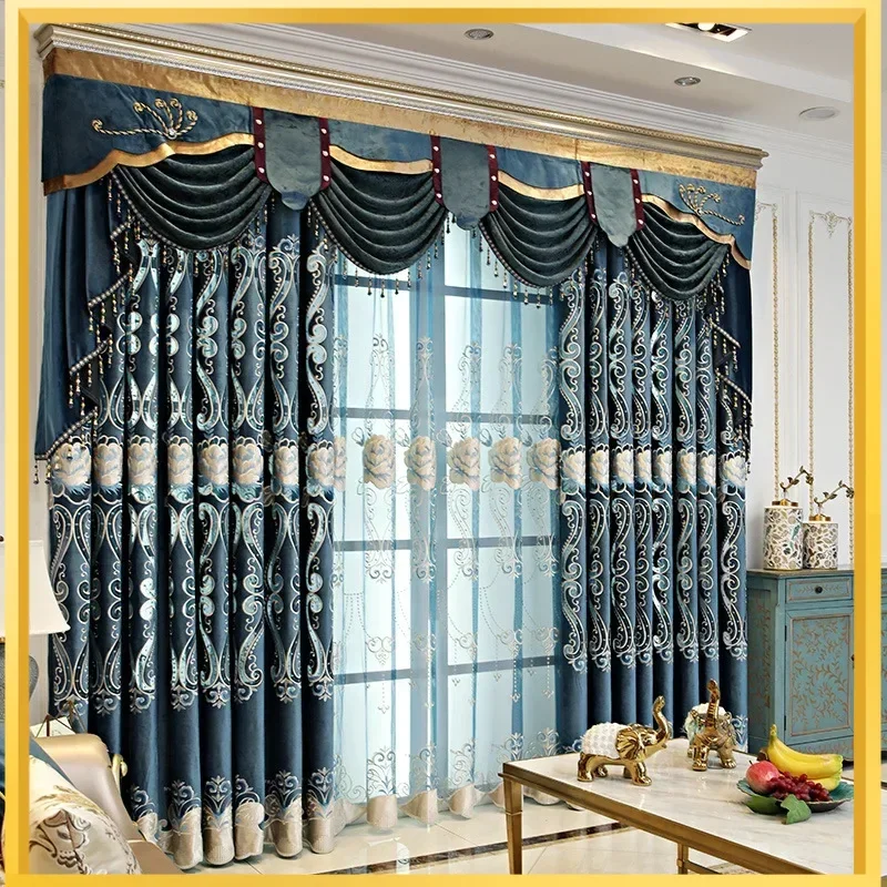 European Luxury And Elegant High-precision Embroidered Blackout Window Curtains Valance For Living Dining Room Bedroom Villa