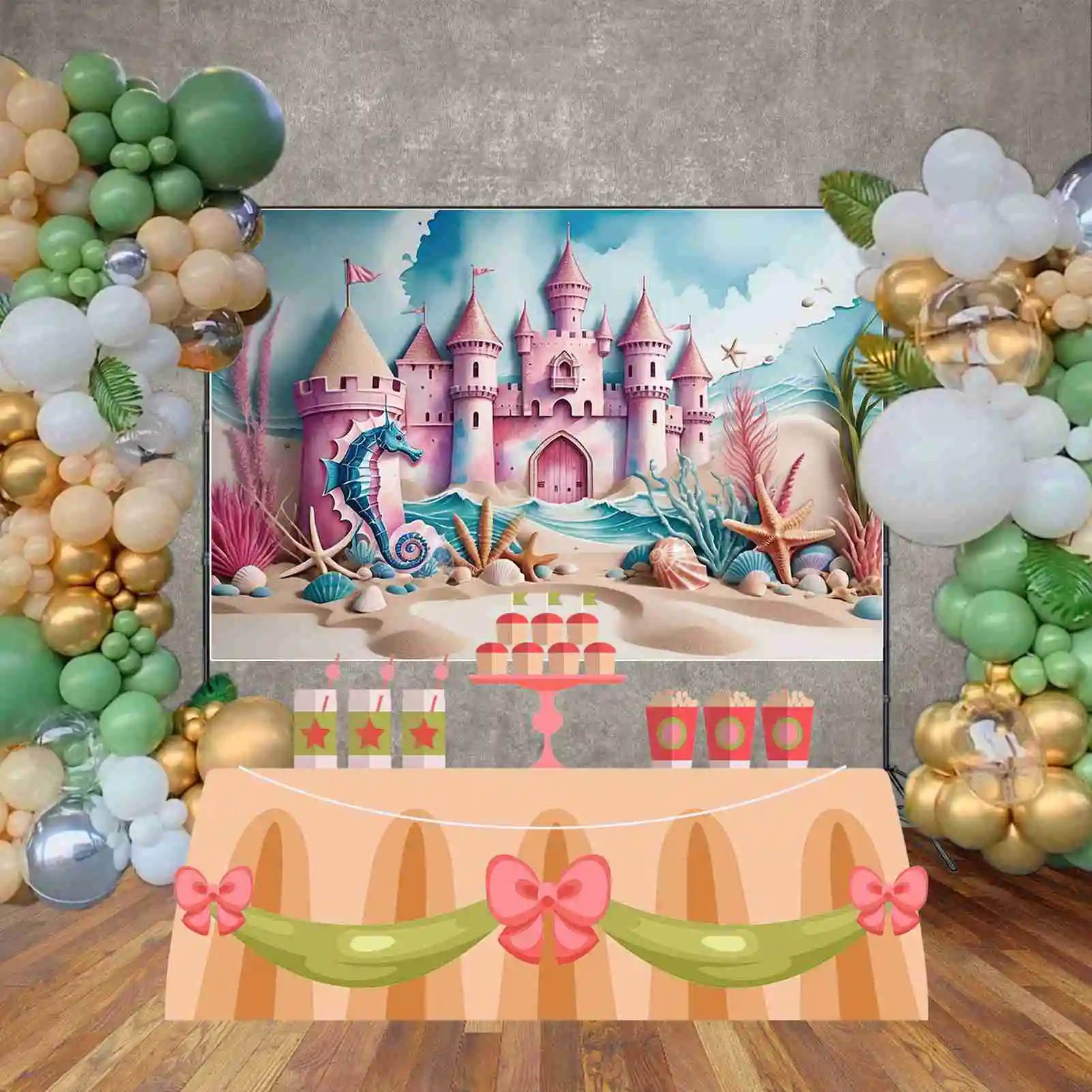 حورية البحر الفتيات حفلة عيد ميلاد خلفية التصوير الفوتوغرافي الصيف شاطئ الرمال القلعة الأميرة خلفية الأطفال اطلاق النار الدعائم