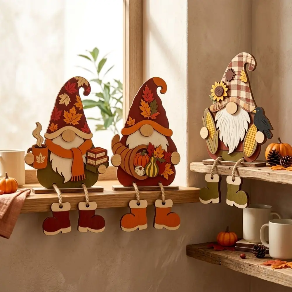 3Pcs 2D Flat Wooden Halloween Dwarf Ornament Self-Standing Vintage Fall Gnome Halloween Signs with Legs Harvest Theme