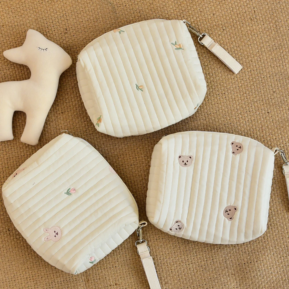 Bolso para cochecito de bebé de algodón acolchado bordado con cremallera Ins, bolsa para pañales, bolsa para botellas, bolso totalmente de algodón, usos múltiples