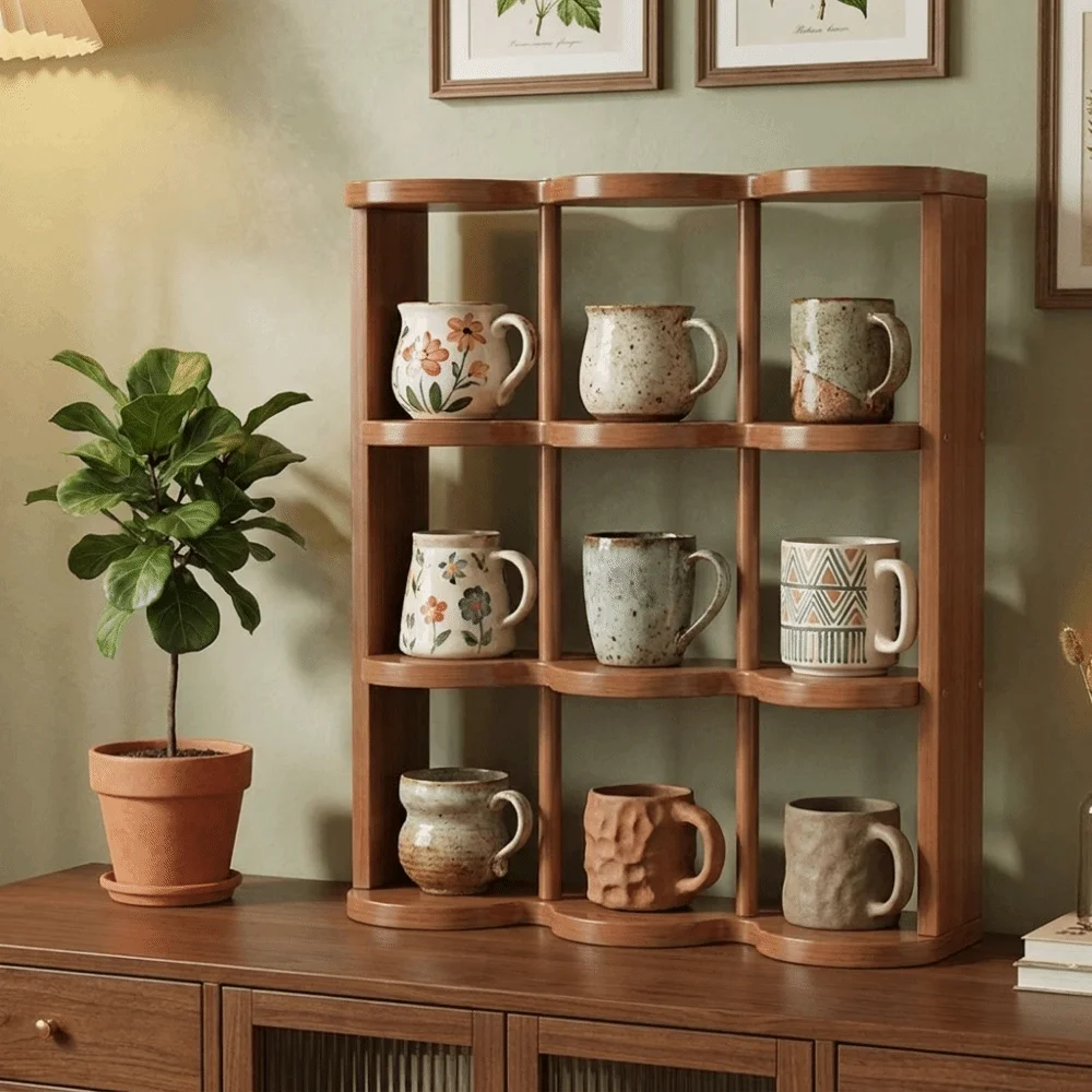 

Multipurpose Large Capacity 9 Grids Cup Holder Space Saving Decorative Water Cup Display Rack Bamboo Display Shelf Office