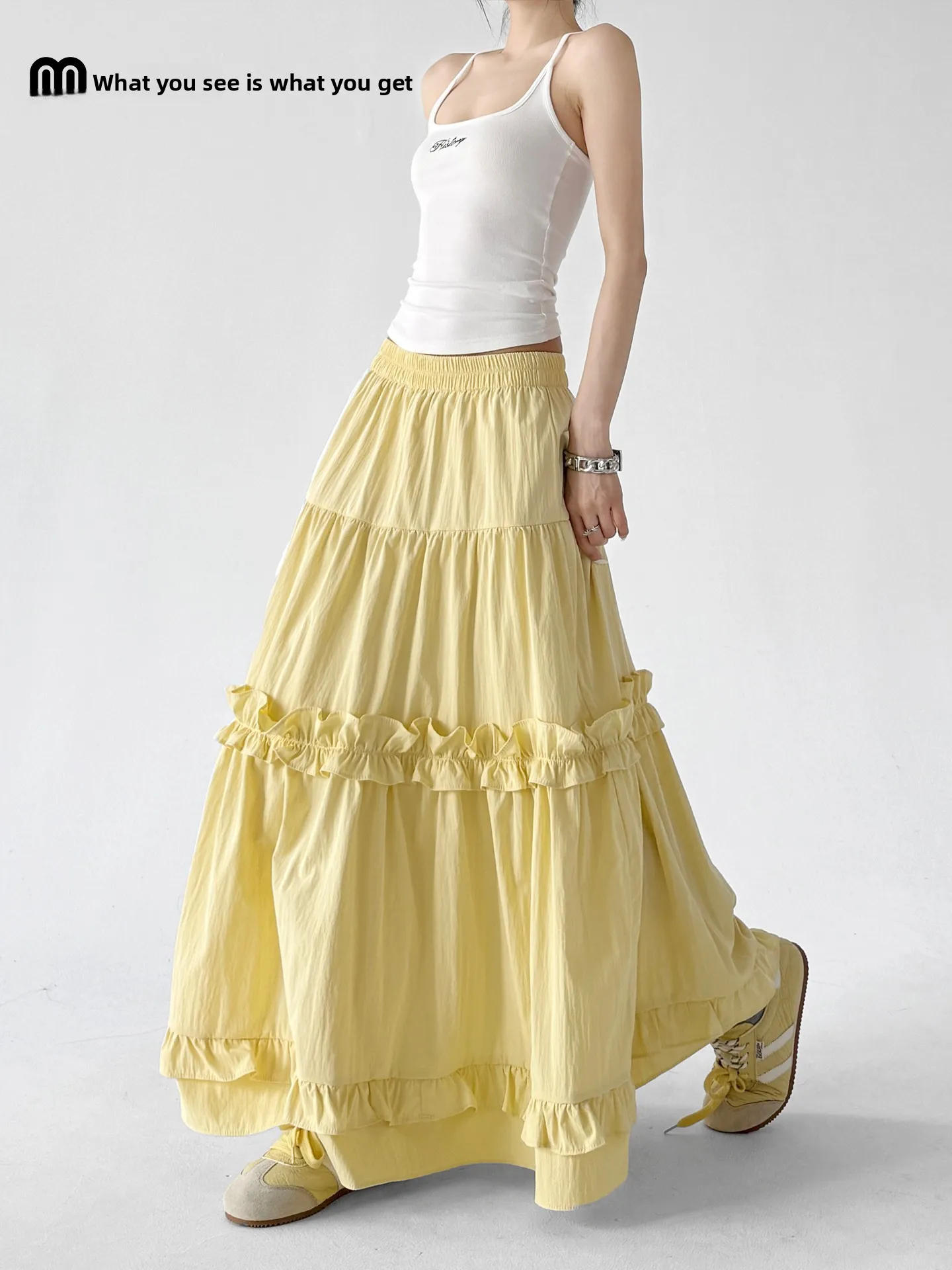 Yellow A-Line  Skirt with Ruffle Layered Design for Women Summer New Style High Waist Cake Skirt Commute Style Nylon Cott...