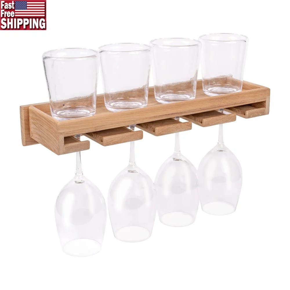 

Teak Wineglass Rack with Shelf Holds 8 Glasses Space Saving Wall Mount Solid Teak Natural Finish Home Patio Decor