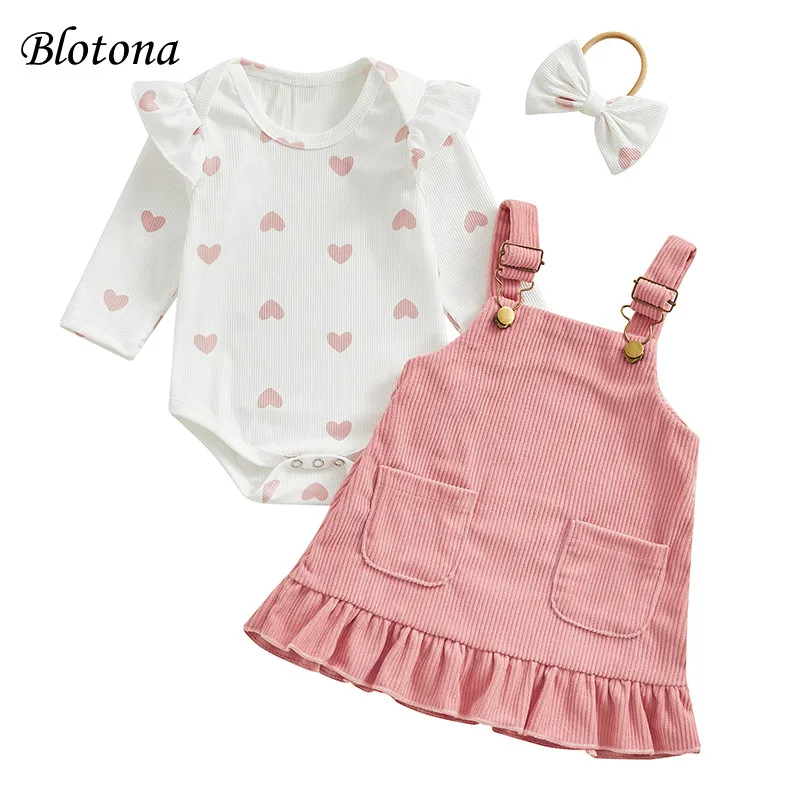 

Blotona Baby Girls 3Pcs Spring Outfits Sweet Heart Print Romper + Suspender Skirt + Headband Set Newborn Clothes 0-18Months