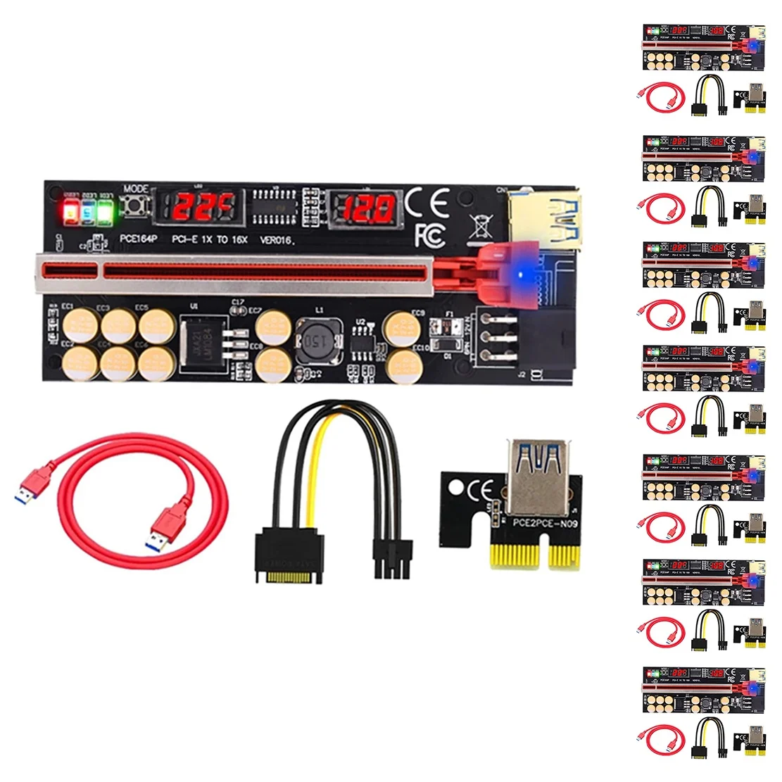 

8 Pcs Newest VER016 PCI-E 1X to 16X USB3.0 GPU Riser Card with 10 Capacitors Temperature Voltage Display for BTC Miner