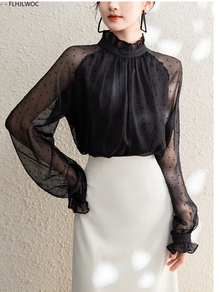 黒薄手のメッシュ韓国シックなトップス Blusas オフィスレディエレガントな薄いセクシーな透明な基本シャツ FLHJLWOC ファッション女性ブラウス