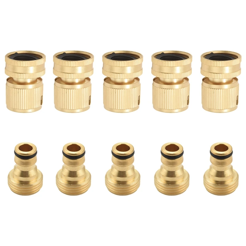 Garden Hose Quick Connectors Solid Brass 3/4 Inch GHT Thread Easy Connect Fittings No-Leak Water Hose Male Female Value 5 Pack