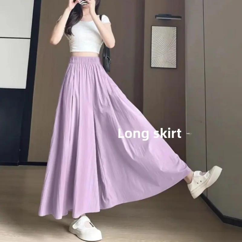 

High Waist Slimming A-Line Midi Skirt Outdoor Casual Ice Silk Wide Leg Pants Comfortable Polyester Nylon Fiber Summer Dress