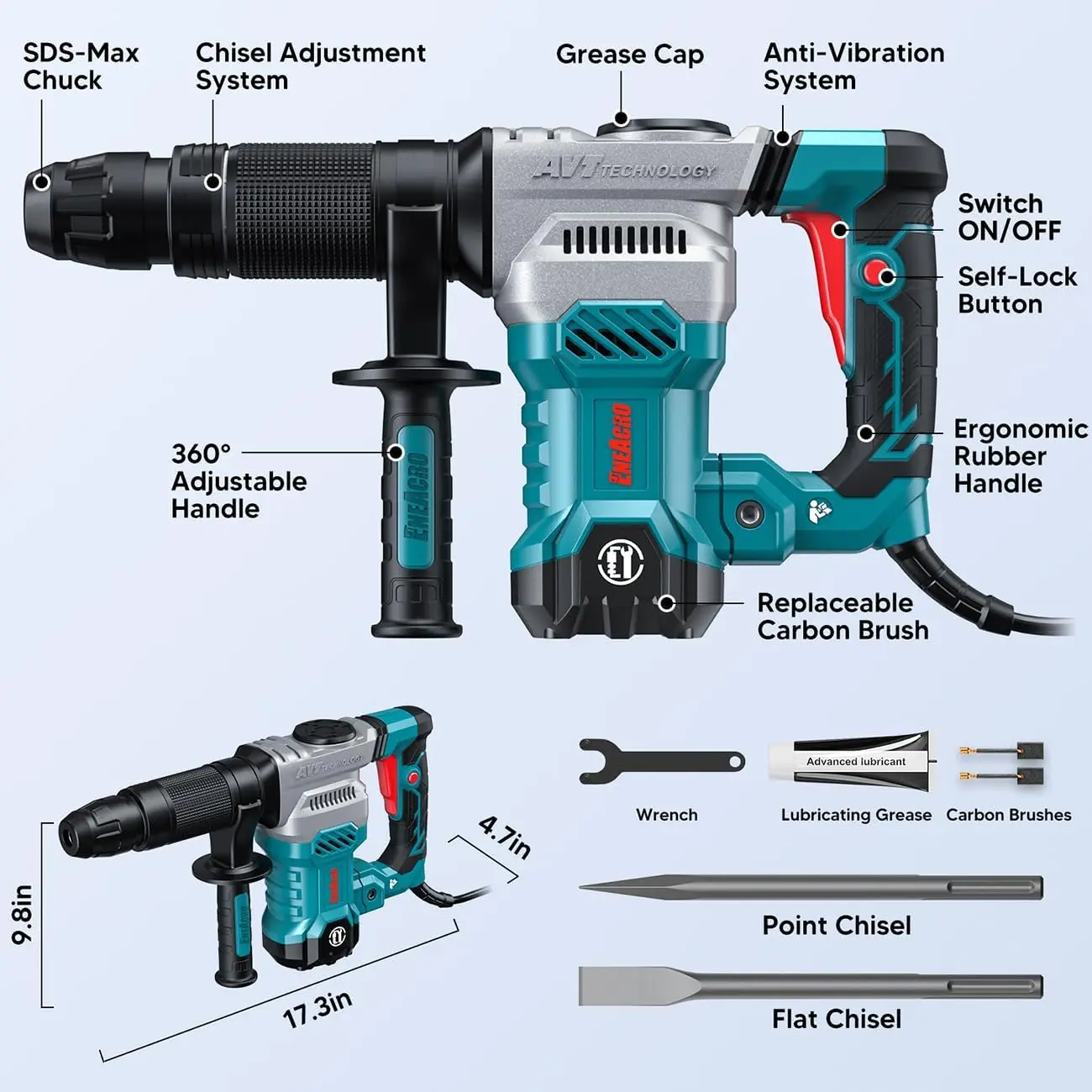 Demolition Jack Hammer for Concrete, Lightweight 11 Amp Electric Demo Chipping Hammer，Aluminum Alloy Shell, Vibration Control, I