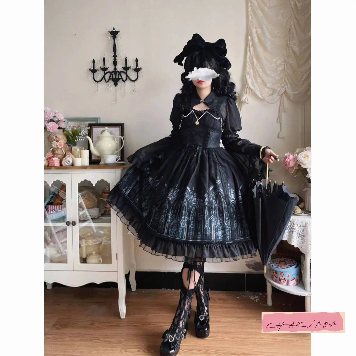 

Japanese Design Dark Gothic Short Sleeved Waist Dress Kawayi Lolita Jsk Dress Black Shawl Halloween Party Autumn Winter Women