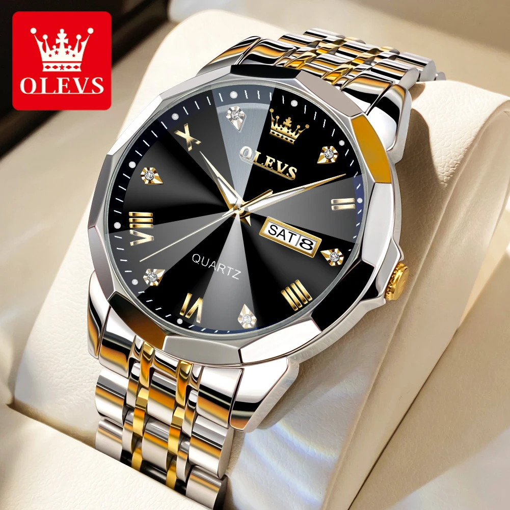 OLEVS Men's Watches Top Brand Original Quartz Watch for Man Waterproof Rhombus Mirror Luminous Wristwatch Date Week Casual New