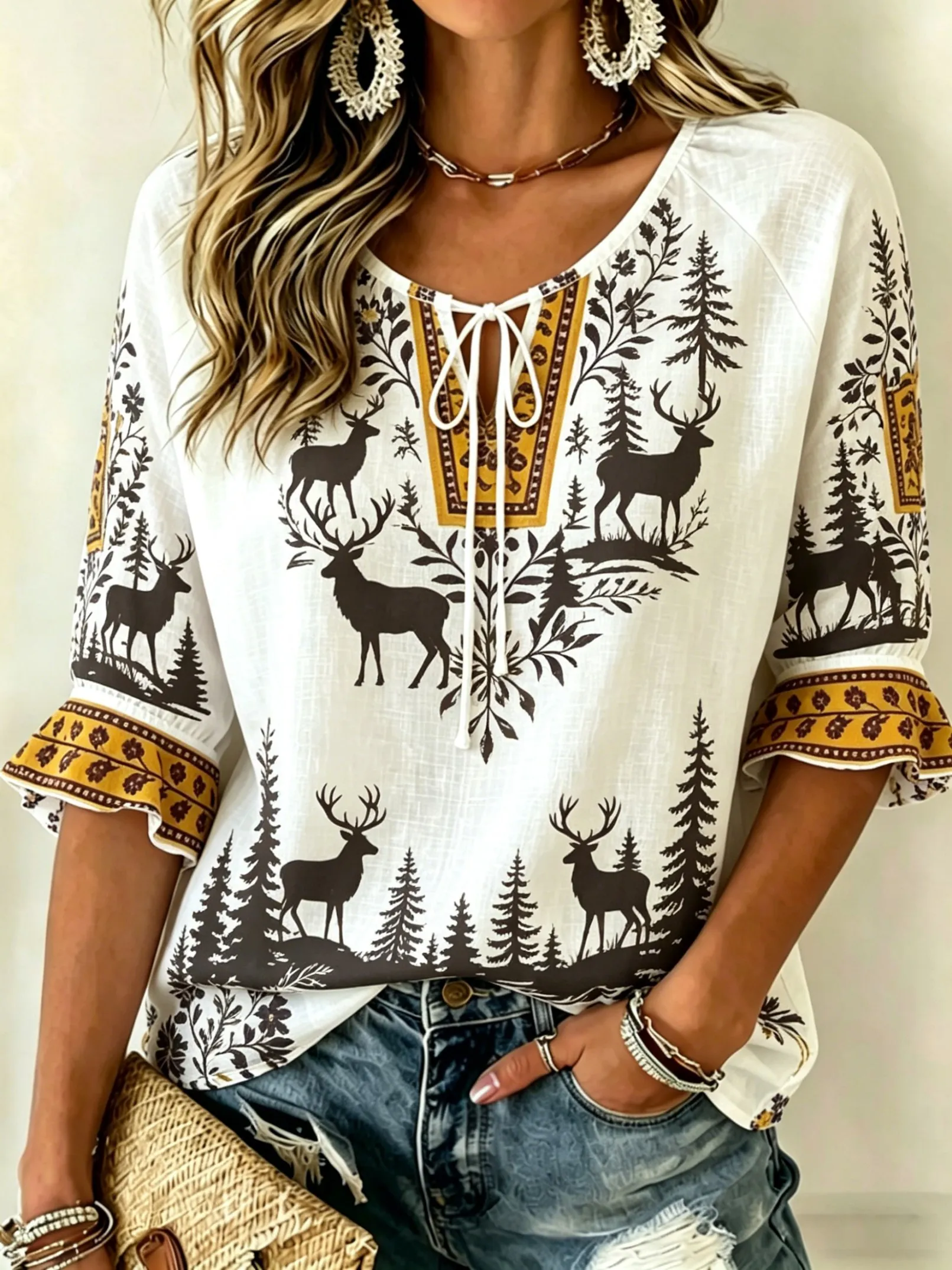 Women's Tie Keyhole Neck Blouse, White Vintage Elk Pine Tree Wilderness Border Print Ruffle Cuff Top, for Spring Summer Outfits