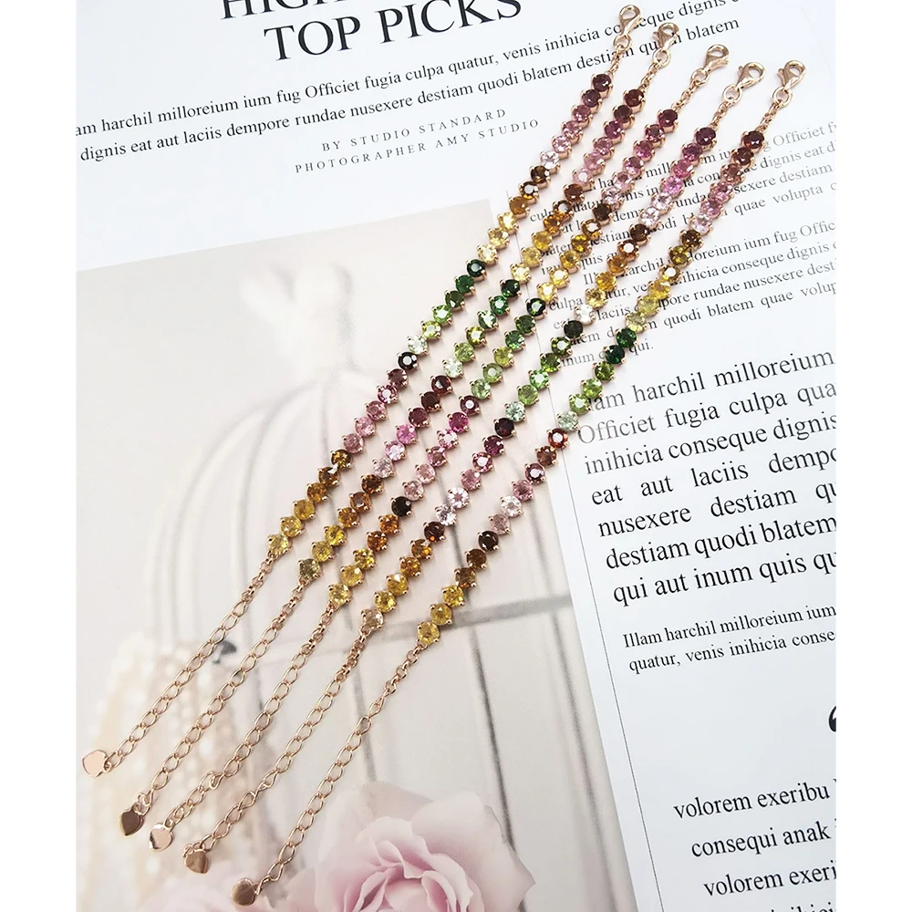 S925 Silver Plated Rose Gold Inlaid Tourmaline Women's Bracelet With Random Gem Colors, Colorful Fashionable Jewelry