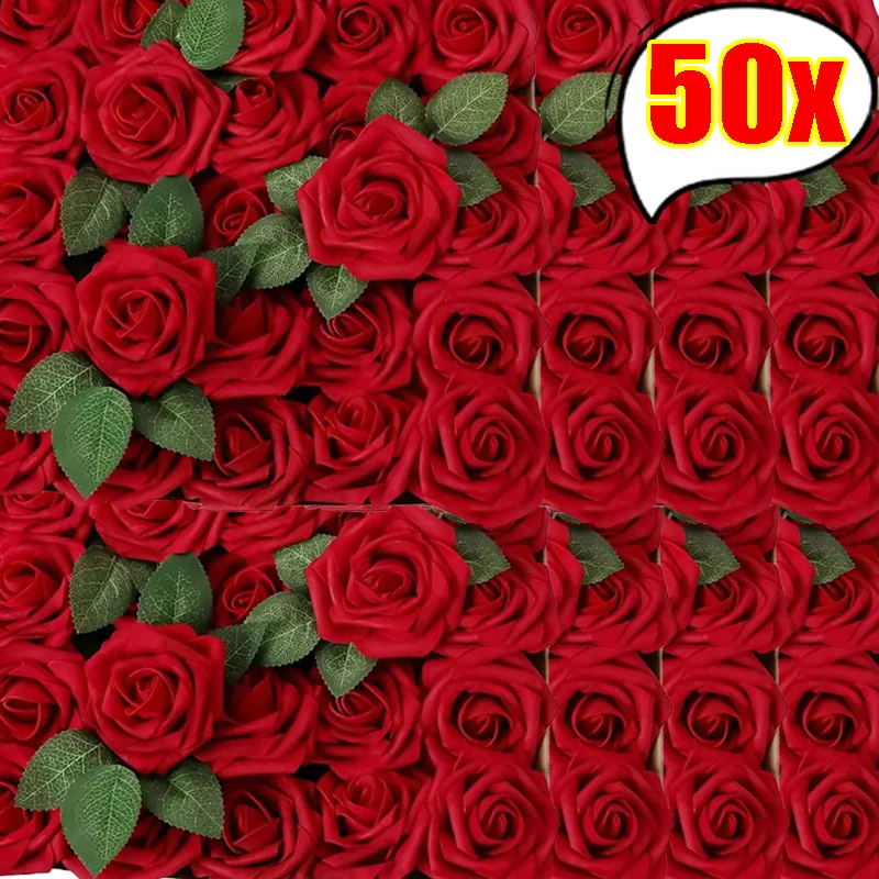 50/5Pcs Artificial Roses Flowers Foam Fake Rose Heads With Stems For DIY Wedding Bouquets Home Party Tables Decorations Supplies