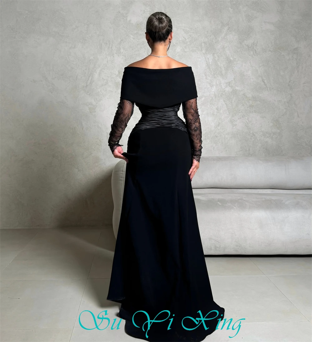 تخصيص بوهو الأسود جيرسي مساء اللباس الرسمي قارب الرقبة طويلة الأكمام حزب اللباس مثير حورية البحر قطار الاجتياح فساتين المشاهير #4