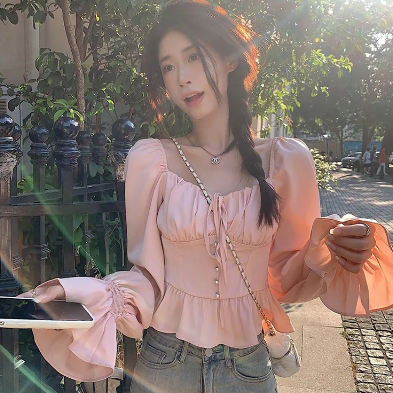 Petal Sleeve Shirts and Blouses Korea Square Collar Elegant and Youth Woman Blouses Female Top Long Sleeve Autumn Clothes 2024