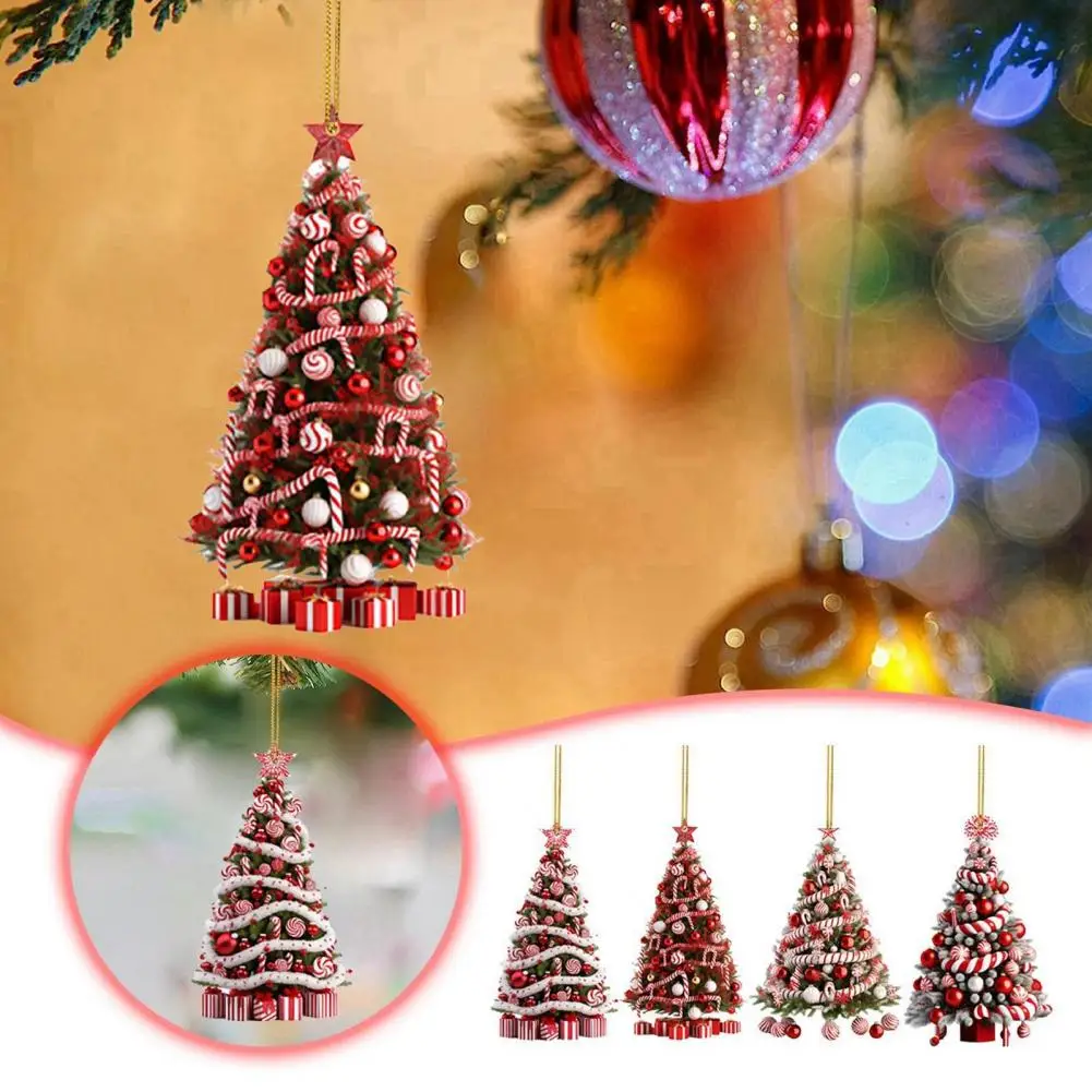 Christmas Tree Pendant Festive Acrylic Christmas Tree Ornament Set with Xmas Balls Candy Cane Star Design for Window or Wall