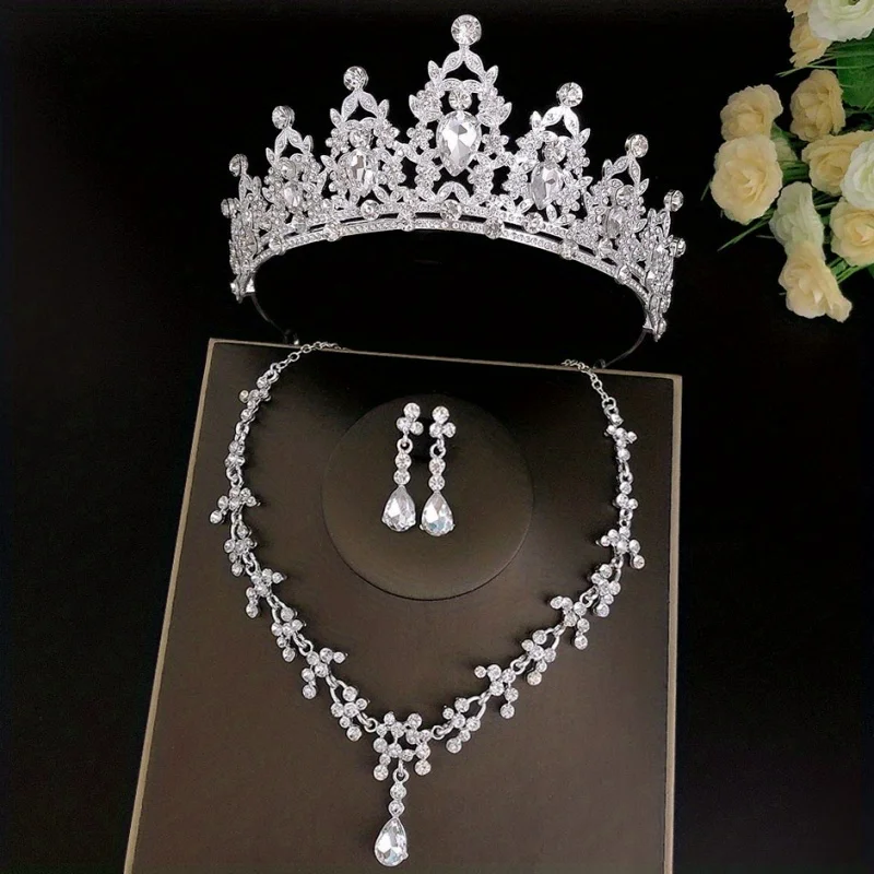 3pcs/set Crystal Bridal Tiaras And Crowns Earrings Necklace Jewelry Set For Women Bride RhinestoneWedding Hair Accessories Crown