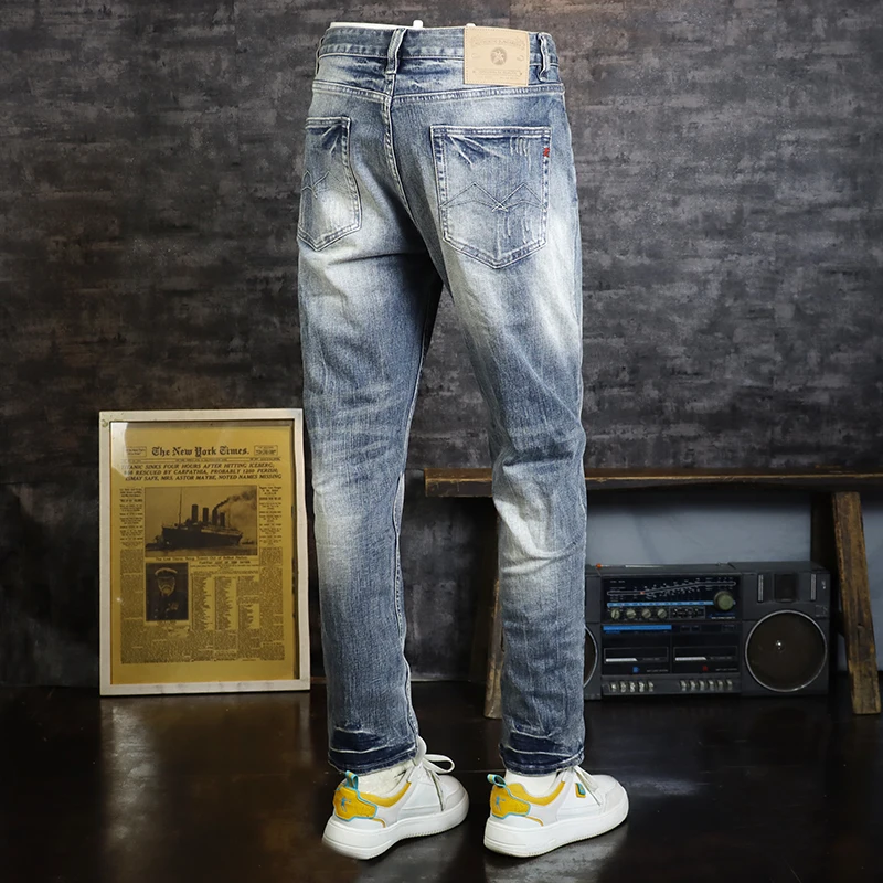 Celana Jeans pria sobek pas badan, celana Denim kasual Vintage pria Jeans ketat melar biru Retro kualitas tinggi