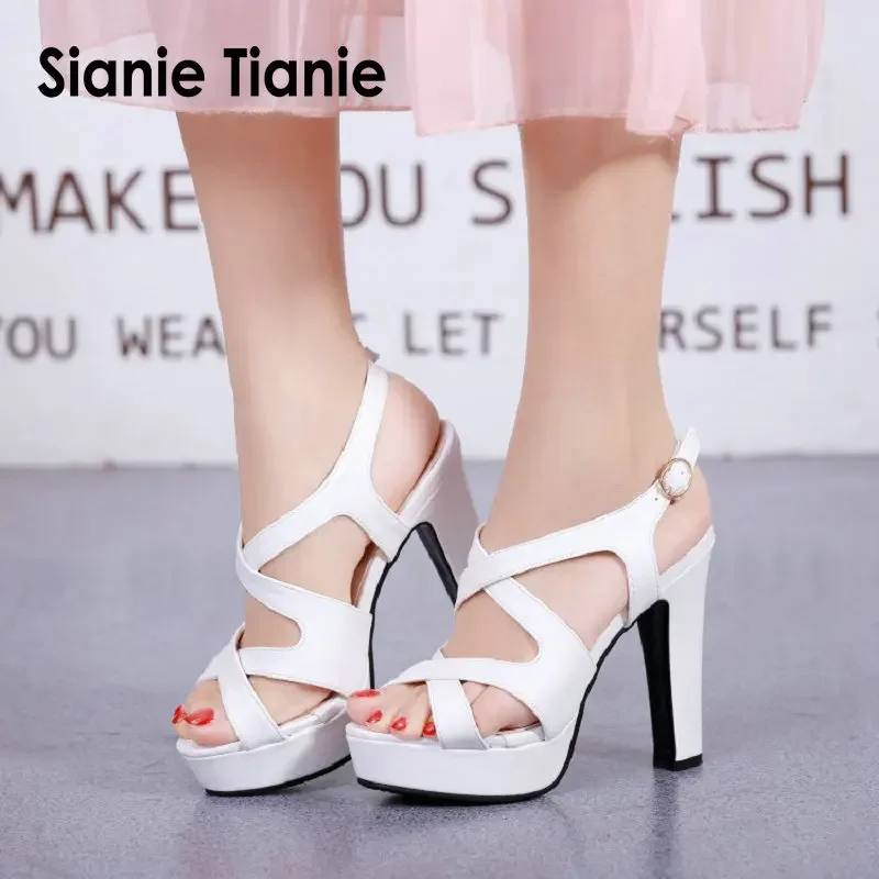 Mature summer peep toe platform gladiator sandals cross-strap bandage hallow women thin high heels women stiletto shoes sandals