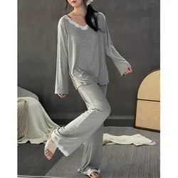 150kg Extra Large Size Spring Pajamas Women Korean Version Loose Homesuit Simple Lace Splicing Loungewear Can Be Worn Outside