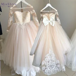 MisShow New Bow Lace Ball Gown Flower Girl Dresses For Wedding Sweet Long Sleeve Soft Tulle Girls Princess Communion Dresses