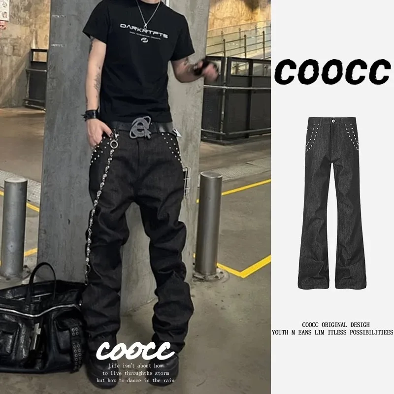 American Retro Rivet Original Color Jeans Men's Street Straight Loose Match Cleanfit Black Long Pants Casual Versatile Loose Fit