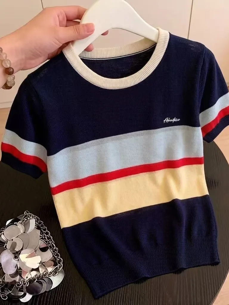 

Summer 2026 Women's Casual round Neck Short Sleeve Knitted Sweater Stripe Pattern Fashionable Versatile Slimming Commuting An...