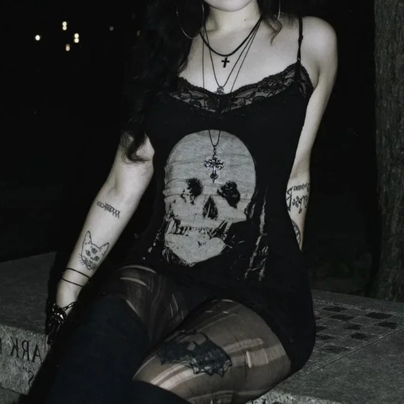 

Новинка 2025, ретро готическое платье с принтом черепа, женская уличная одежда, кибер, темный панк, Y2k, гранж, кружевное лоскутное сексуальное платье на тонких бретельках