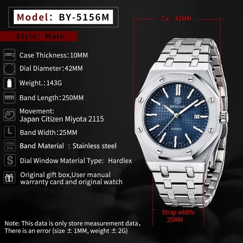 BENYAR BY-5156 Luxury Business Men Watch Octagonal Case Stainless Steel Strap Grid Blue Dial Date Wristwatch