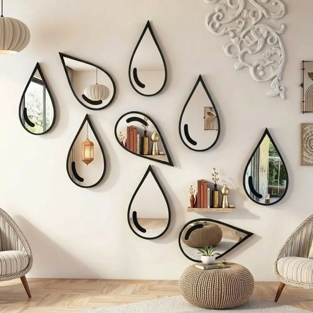 3Pcs Self-Adhesive Acrylic Mirror Wall Stickers Wall Mount Waterproof Water Drop Wall Stickers Black Frame Minimalist