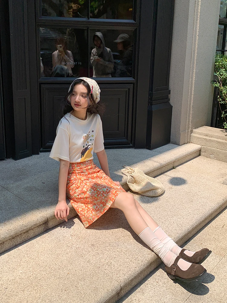 

Юбка-трапеция с высокой талией и цветочным принтом, женская летняя новинка, юбка-трапеция для маленьких фигурок