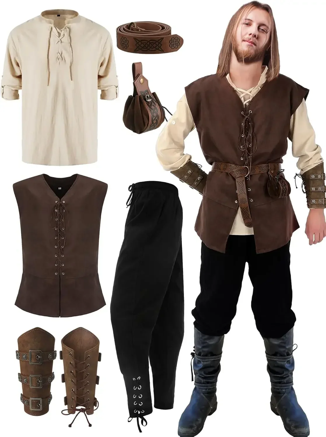 6-delige Halloween-Renaissance-kostuumset voor heren, middeleeuws vest, overhemd, enkelbandbroek, Vikingriem, armbandzakje