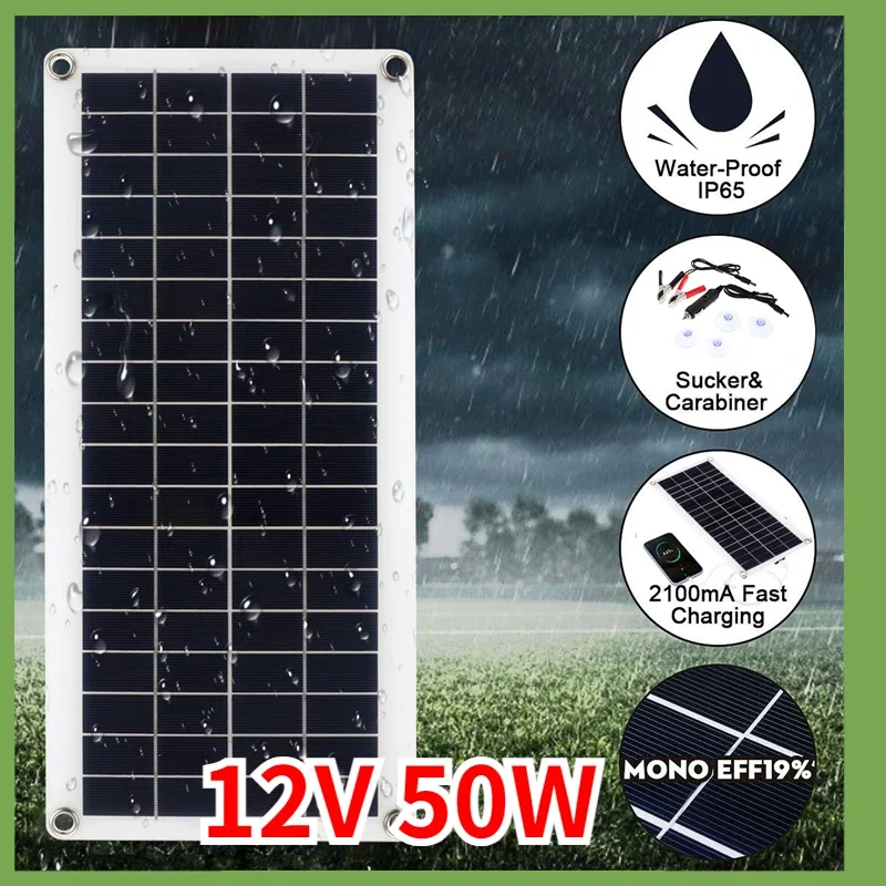 

50W Solar Panel 12V Monocrystalline USB Power Portable Outdoor Cell Car Ship Camping Hiking Travel Phone Charger