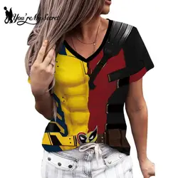 [You're My Secret] New Wolverine Cosplay T-Shirt for Women Deadpool Short Sleeved Shirts Carnival Party Tops V-Neck Clothing