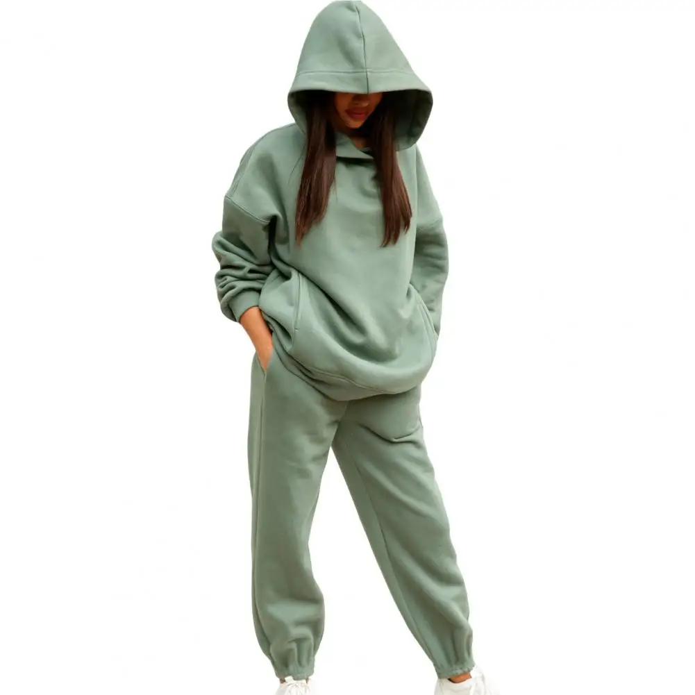 Trendy Lady Hoodie Pants Set Sporty Winter Hoodie Pants Set Elastic Waist Deep Crotch Women Autumn Tracksuit Thermal