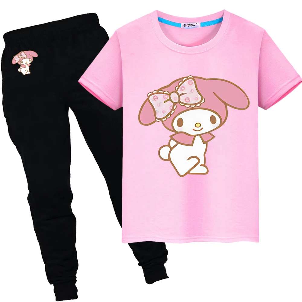 Sanrio boy girls clothes Sports Sets Short+pant Kawaii Anime Tshirts Melody Print 100%Cotton Cute T-shirt kids boutique clothes