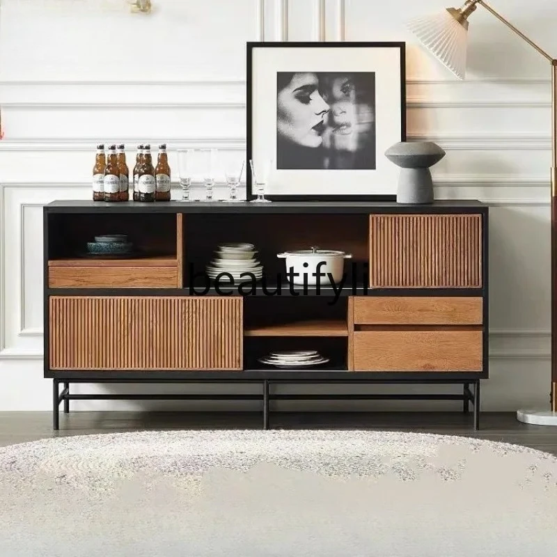 

Nordic Modern Retro Color Block Teak and Ash Solid Wood Sideboard Tea Bowl Cabinet