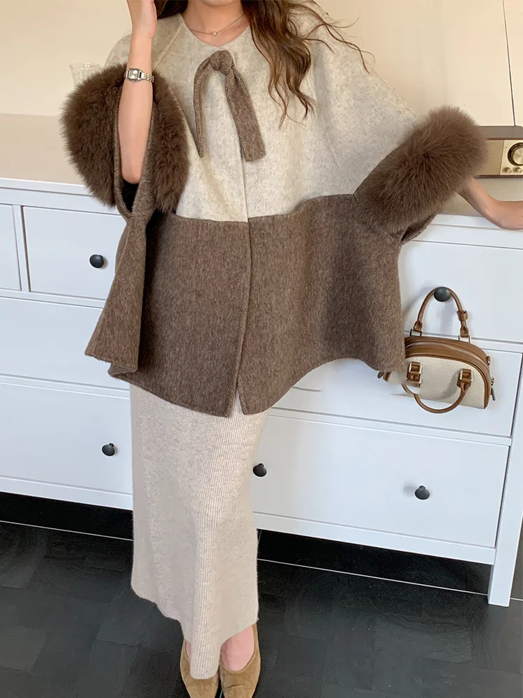 

Fashion Winter Natural Real Fur Fox Fur Coat Cashmere Wool Woolen Cloak Women Jacket Luxury Cusual Outwear Shawl Female Coat
