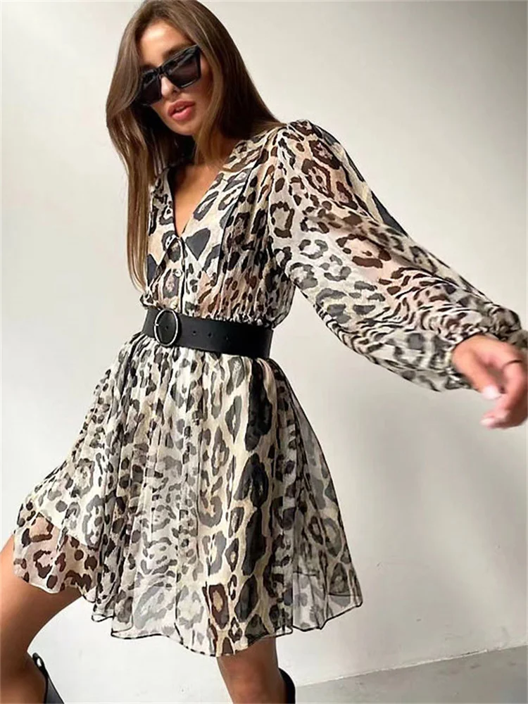 Mini vestido feminino com decote em v estampado, manga comprida em camadas, vestido casual de rua alta, vestido de chiffon verão, moda