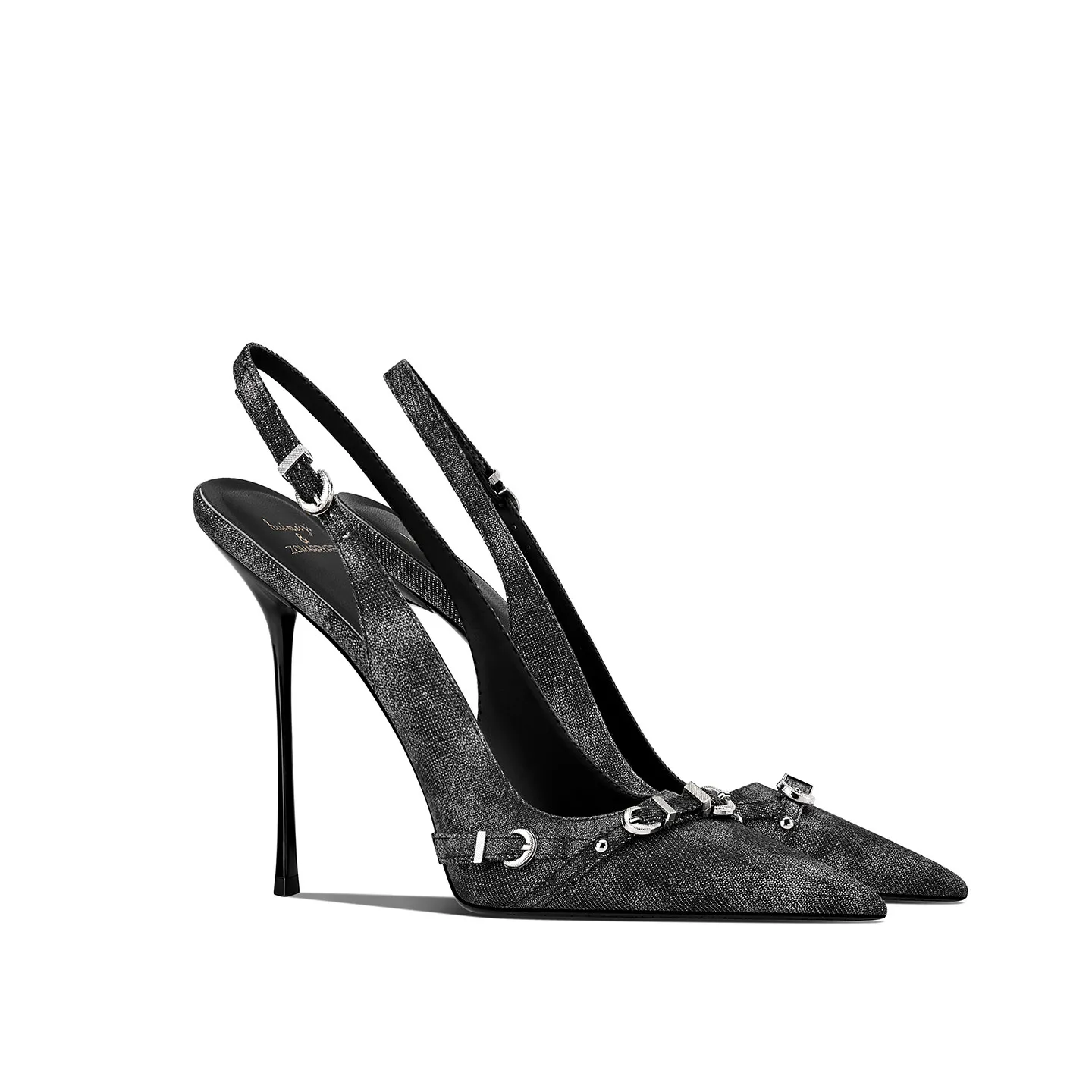 Spring and Autumn New Pointed Stiletto High Heels with Women's Metal Buckle Design, Denim Black, Royal Sister, High Grade
