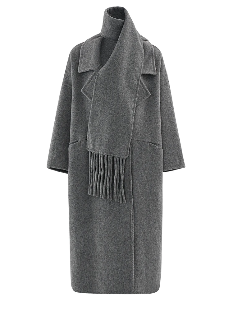 [EAM] Gray With Scarf Big Size Long Woolen Coat New Lapel Long Sleeve Women Jacket Fashion Tide Autumn Winter 2024 CPG2264