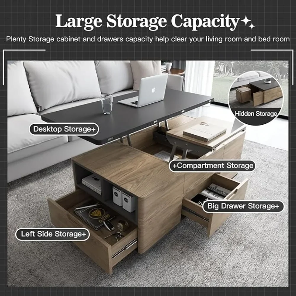 Lift Top Coffee Table with 4 Stools, Hidden Compartment & Storage Shelf, Rising Tabletop for Living Room Dining