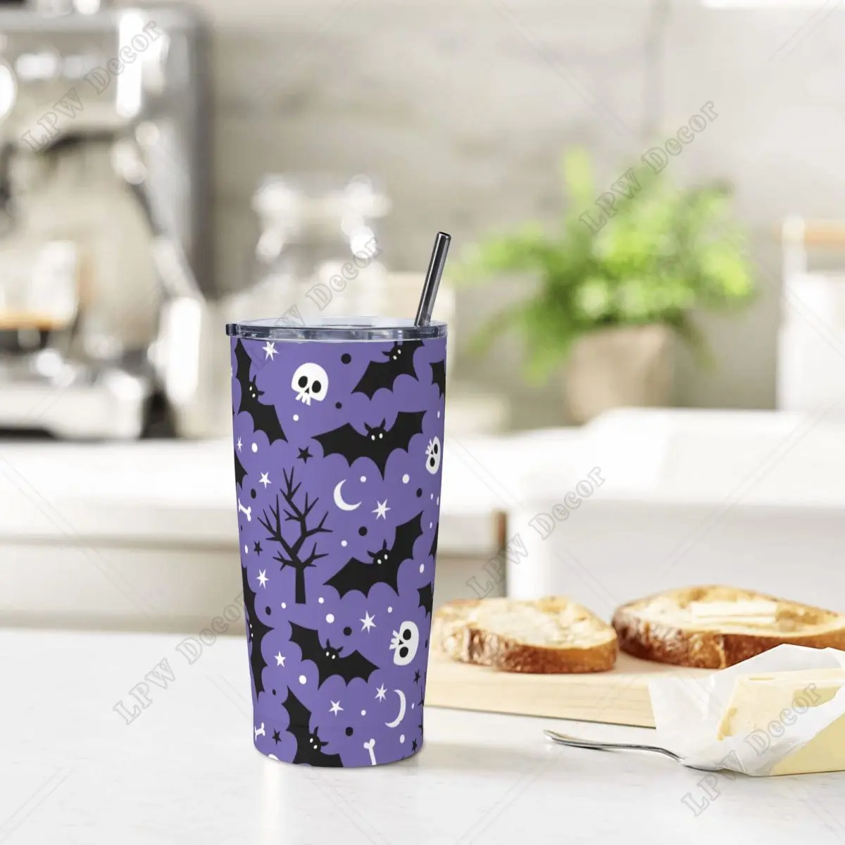 Bat Moon Skull Tree Insulated Tumbler with Straws and Lid Halloween Stainless Steel Travel Thermal Cup 20 Oz Office Home Mug Cup