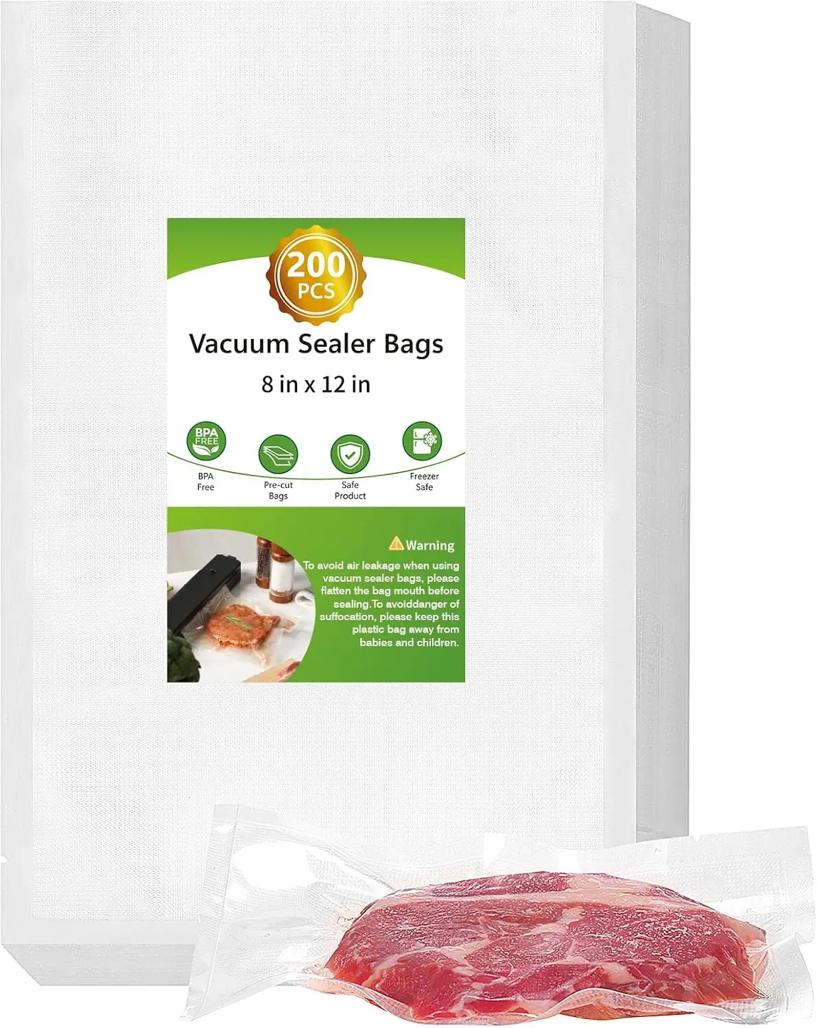 

200 Pcs Vacuum Sealer Bags, Quart 8x12, BPA Free, Puncture Resistant for Food Saver, Sous Vide, Freezer
