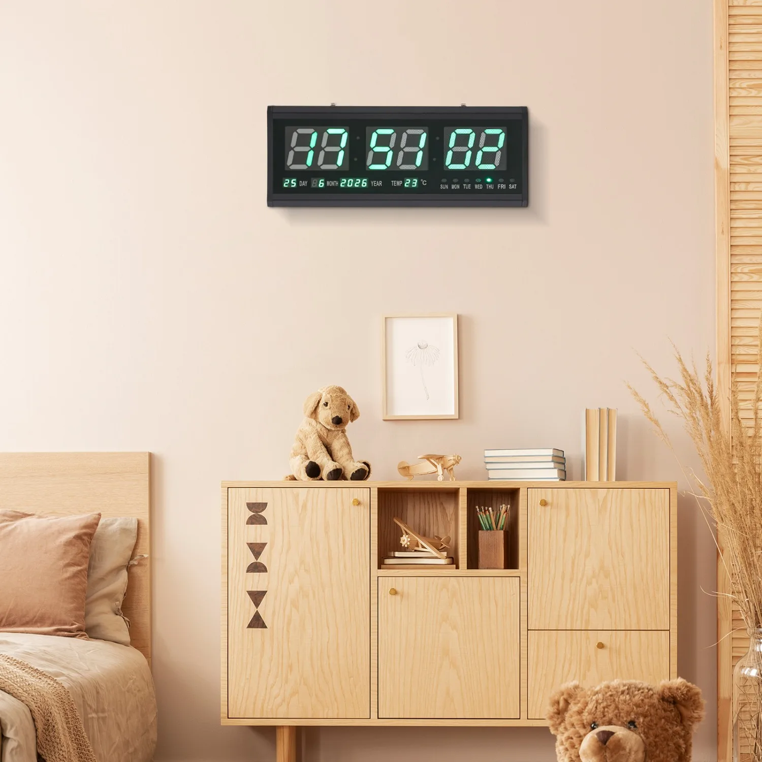 LED Digital Wall Clock, 48cm, with Digital Display, Temperature, Used for Bedrooms, Kitchens, Offices, European Sockets, Green