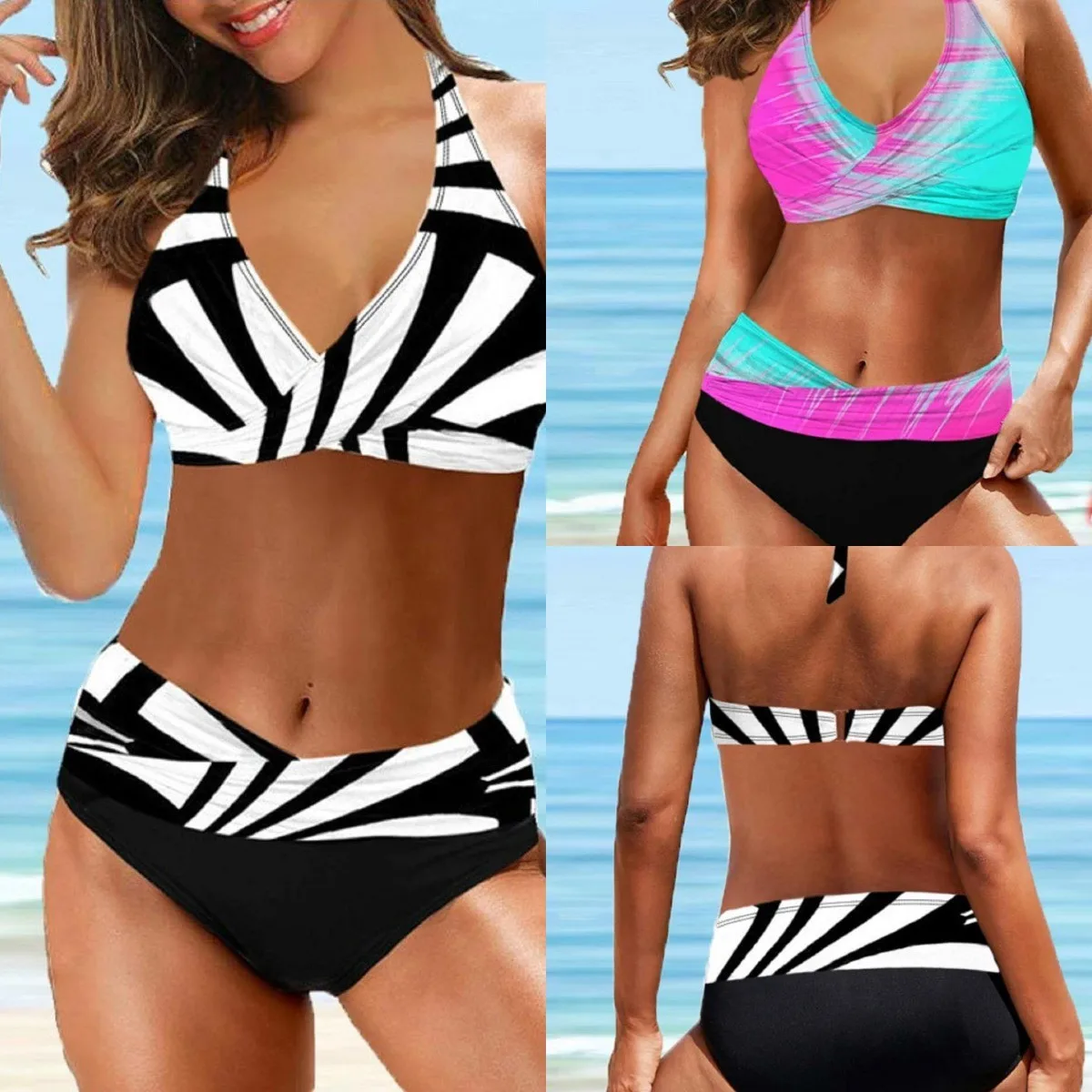Women's 2026 Bikini Halter Neck High Waist Bikinis Geometric Print Black And White Swimwear Cross Front Two Piece Swimsuit