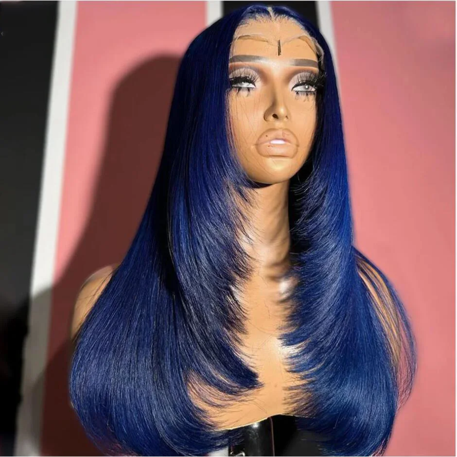 Soft Dark Blue 26inch 180% Density Long Silky Straight Deep Lace Front Wigs For Black Women Baby Hair Glueless Preplucked Daily